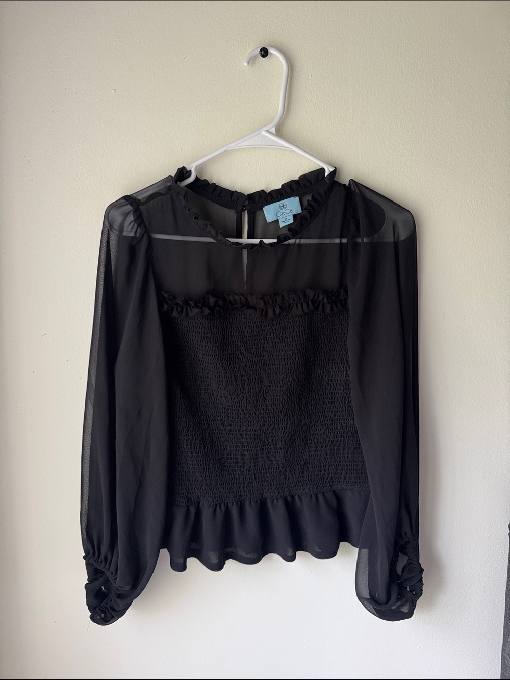 CeCe Black Smocked Sheer Long-Sleeve Top